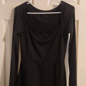 Black Long Sleeve Square Neck Mini Dress with Side Tie Detail